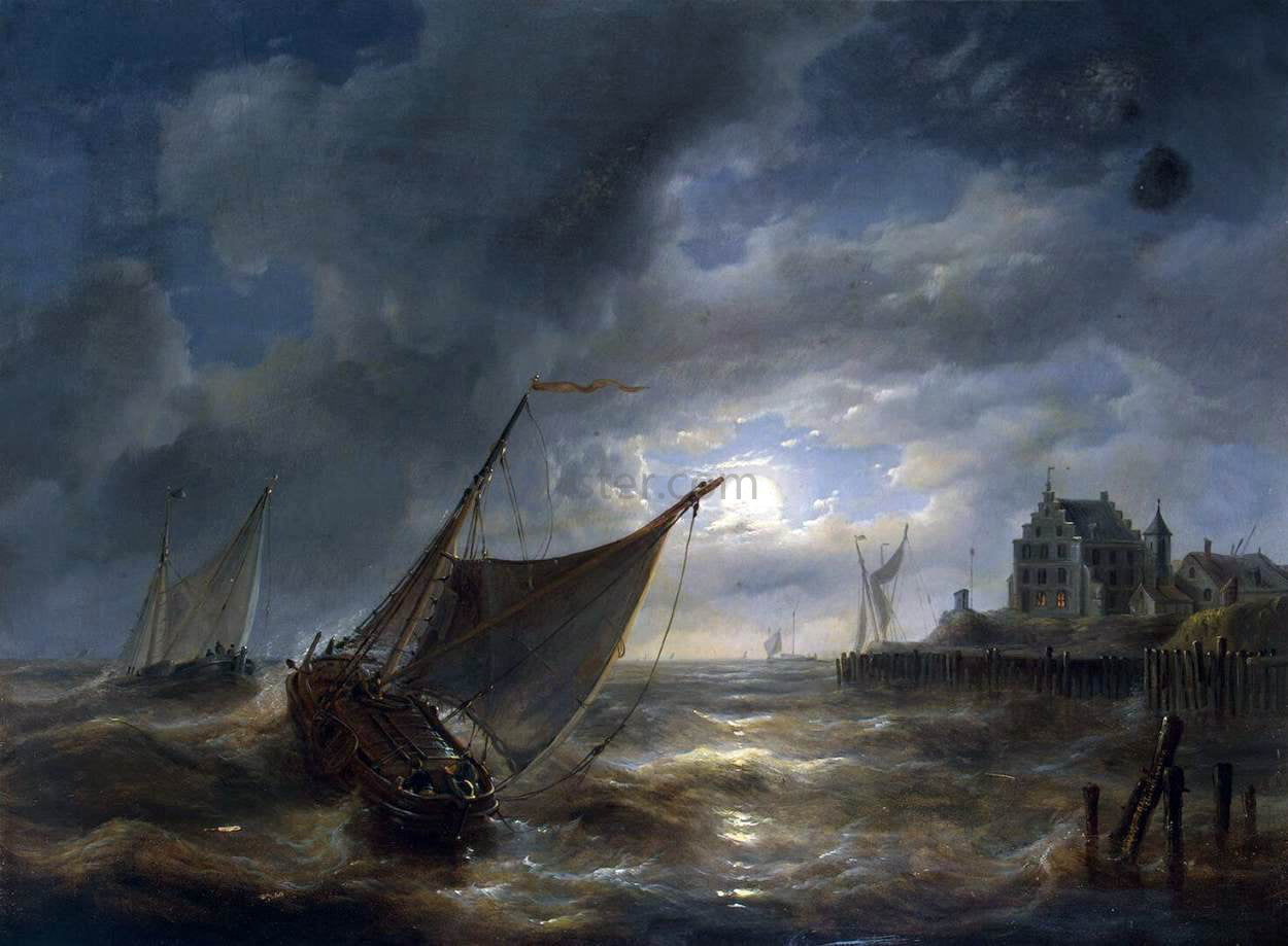 Louis-Charles Verboeckhoven Harbour by Night - Hand Painted Oil Painting