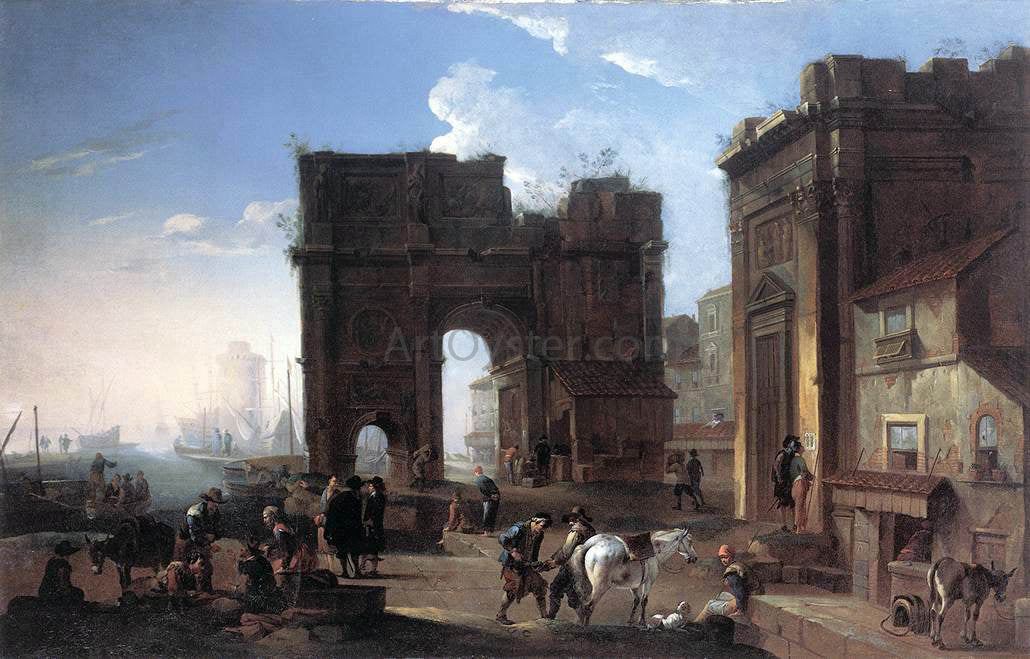 Alessandro Salucci Harbour View with Triumphal Arch - Hand Painted Oil Painting