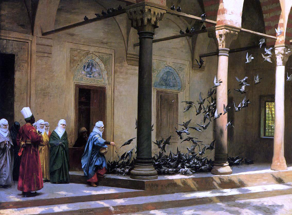 Jean-Leon Gerome Harem Women Feeding Pigeons in a Courtyard - Hand Painted Oil Painting