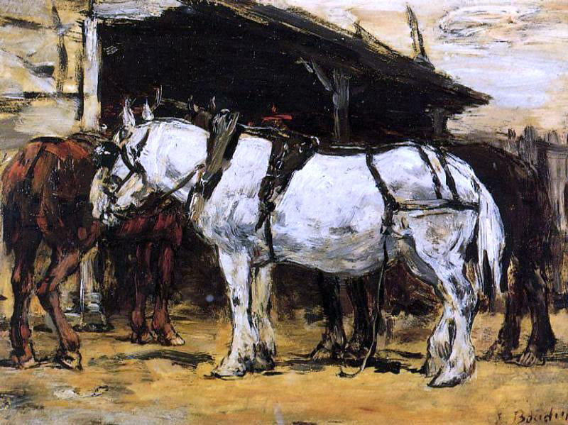 Eugene-Louis Boudin Harnessed Horses - Hand Painted Oil Painting