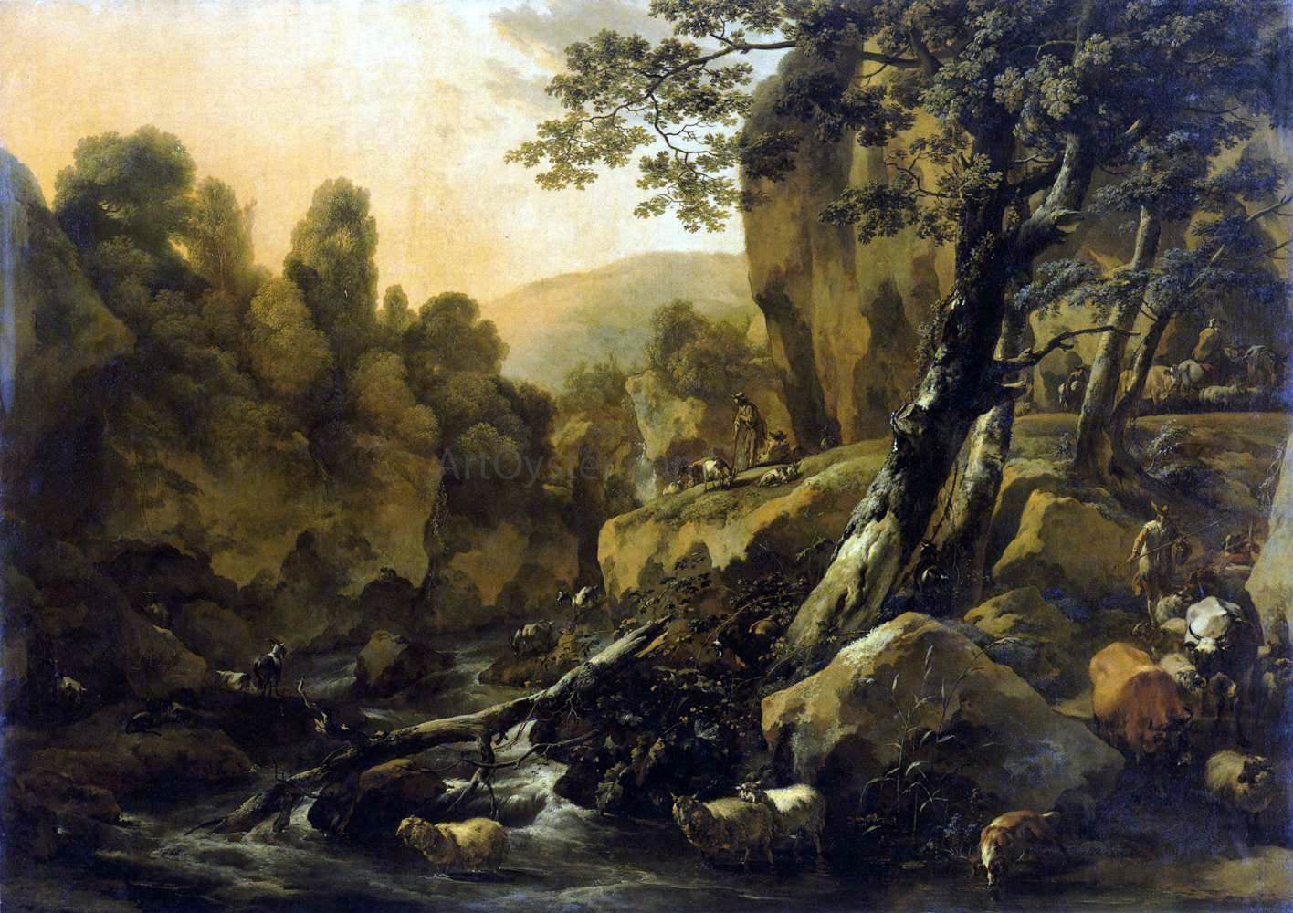 Nicolaes Berchem Herdsmen and Herds at a Waterfall - Hand Painted Oil Painting