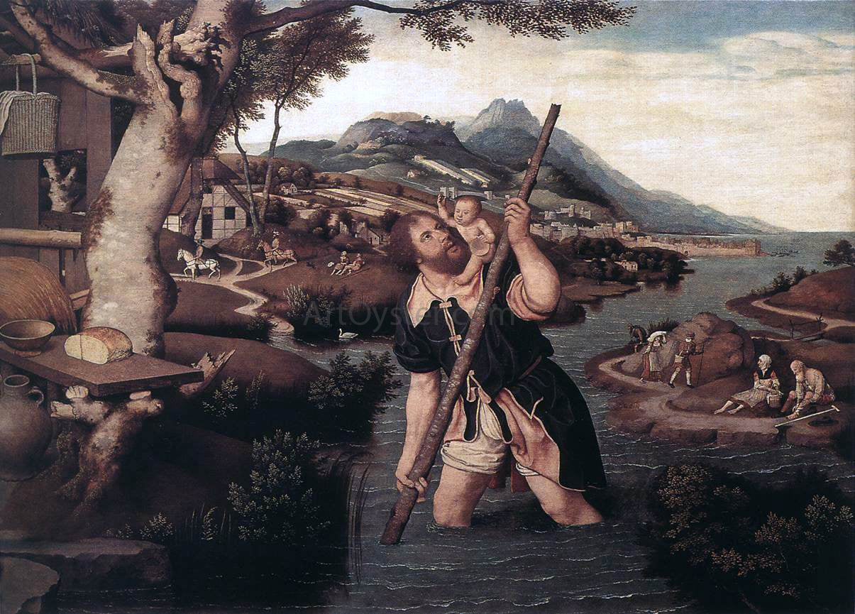 Jan Mostaert Hilly River Landscape with St Christopher - Hand Painted Oil Painting