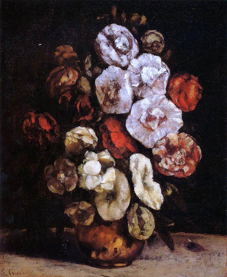 Gustave Courbet Hollyhocks in a Copper Bowl - Hand Painted Oil Painting