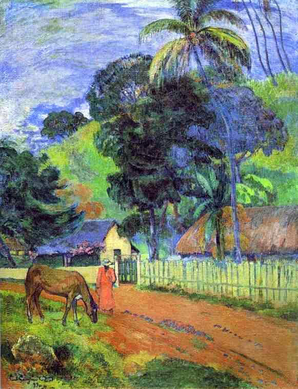 Paul Gauguin Horse on Road, Tahitian Landscape - Hand Painted Oil Painting