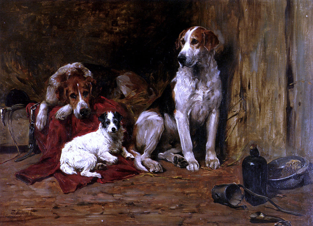 John Emms Hounds and a Jack Russell in a Stable - Hand Painted Oil Painting