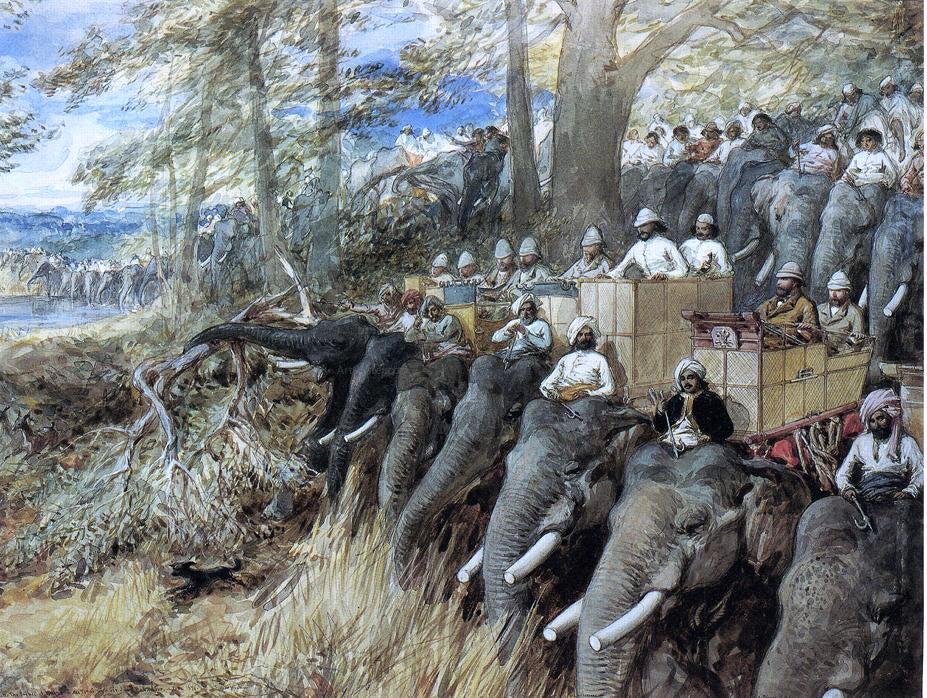William Simpson H.R.H. The Prince of Wales beating the Jungle with Sir Jung Bahadoor in the Nepal Terai - Hand Painted Oil Painting