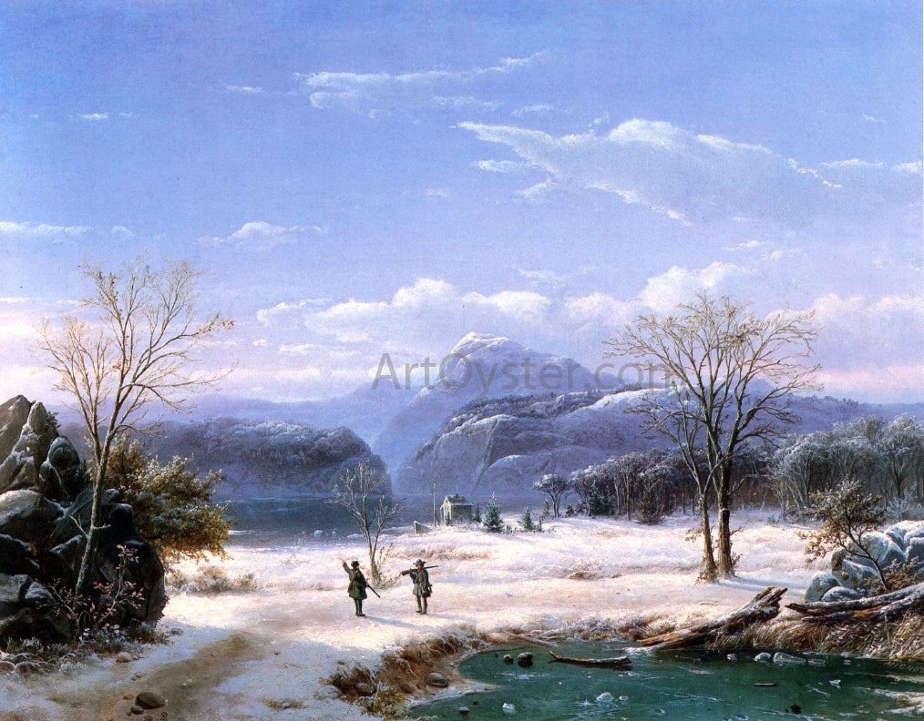 Louis Remy Mignot Hunters in a Winter Landscape - Hand Painted Oil Painting