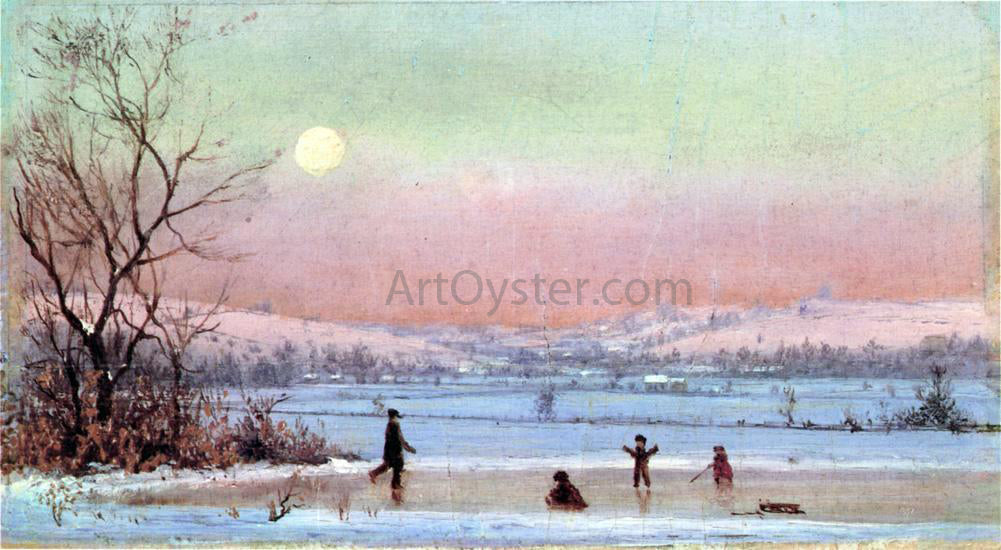 Jervis McEntee Ice Skating near Hudson - Hand Painted Oil Painting
