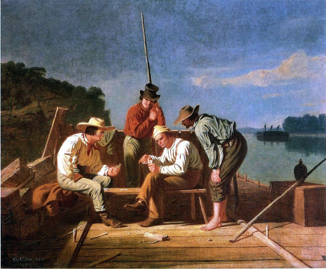 George Caleb Bingham In a Quandry (also known as Mississippi Raftsmen Playing Cards) - Hand Painted Oil Painting