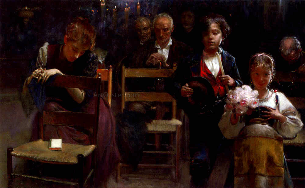 Gaetano Esposito In Chiesa - Hand Painted Oil Painting