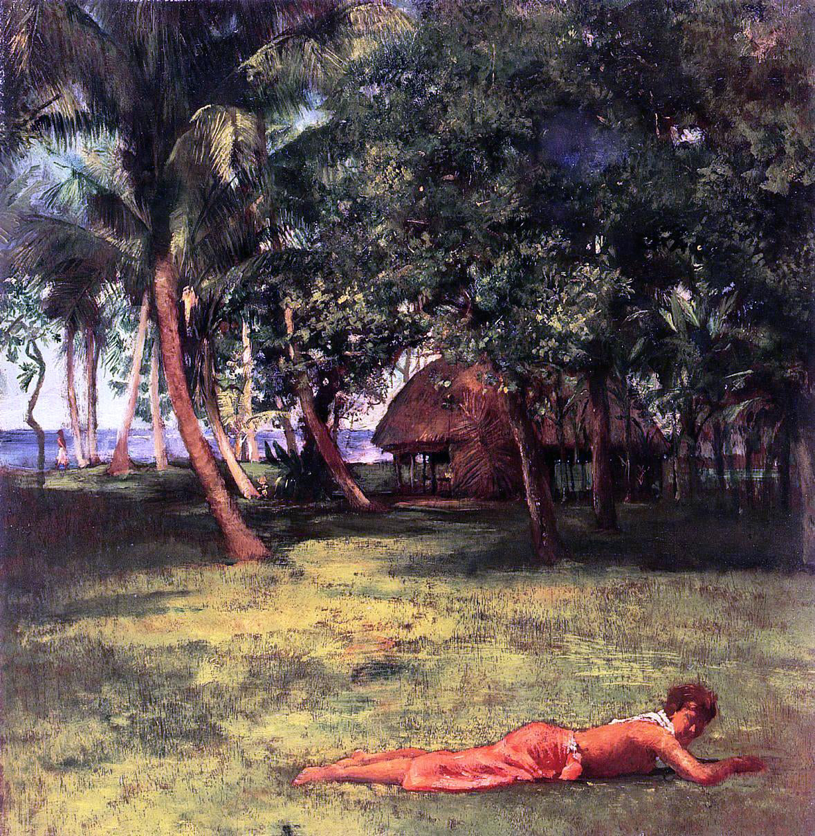 John La Farge In Front of Our House, Vaila - Girl on Grass - Hand Painted Oil Painting