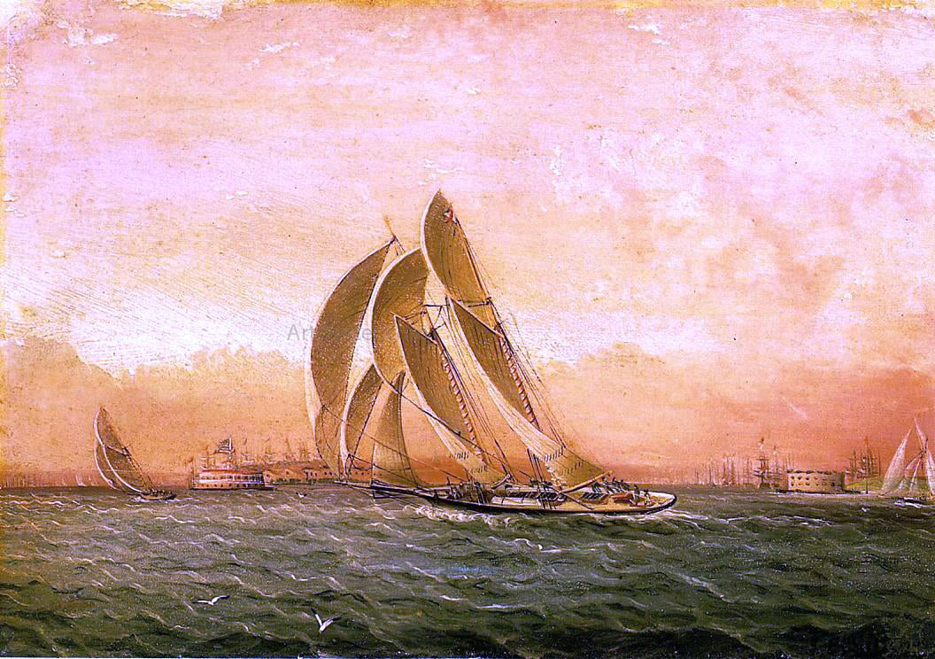 James E Buttersworth In Full Sail, New York Harbor - Hand Painted Oil Painting