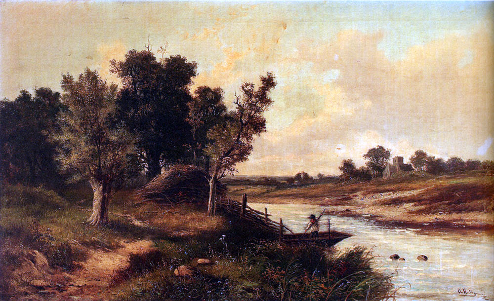 Junior Abraham Hulk In The English Countryside: An Angler In A Boat On A River, A Village Church Beyond - Hand Painted Oil Painting