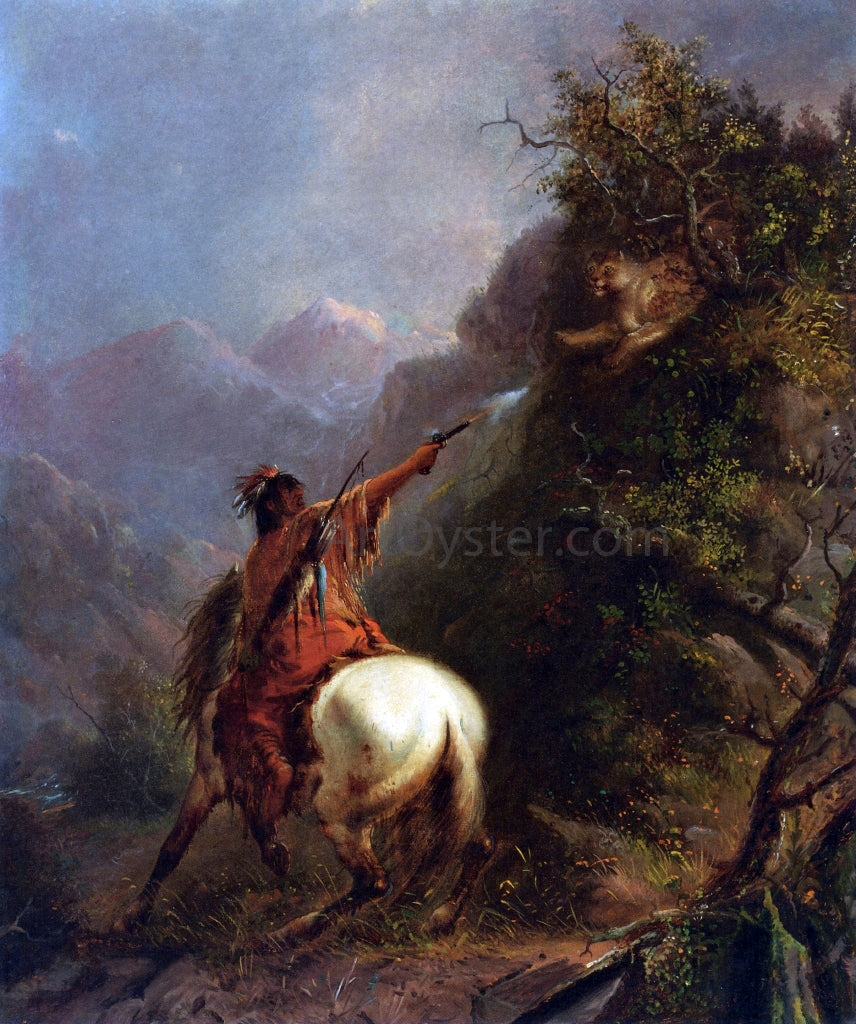  Alfred Jacob Miller Indian Shooting a Cougar - Hand Painted Oil Painting