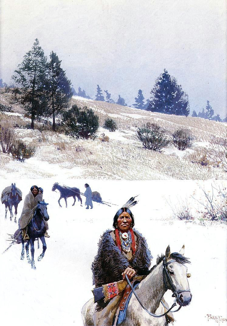 Henry F Farney Indians in Winter - Moving Camp - Hand Painted Oil Painting