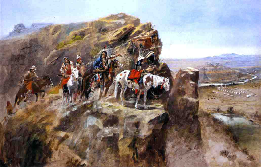 Charles Marion Russell Indians on a Bluff Surveying General Miles' Troops - Hand Painted Oil Painting