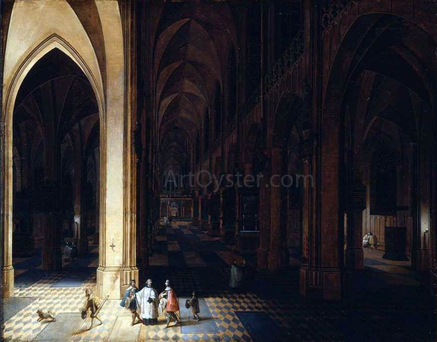 The Elder Peeter Neeffs Interior of Antwerp Cathedral at Night - Hand Painted Oil Painting