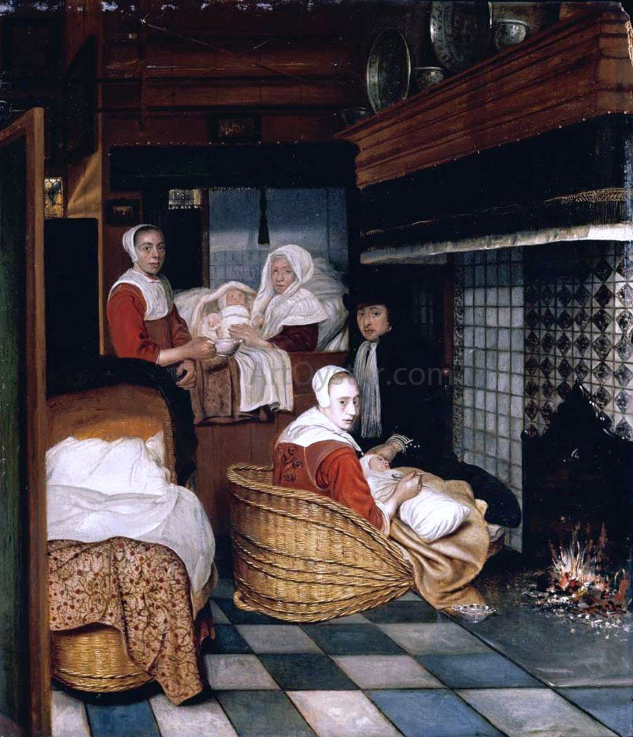 Cornelis De Man Interior with a Family and Two Nurses Before a Fire - Hand Painted Oil Painting