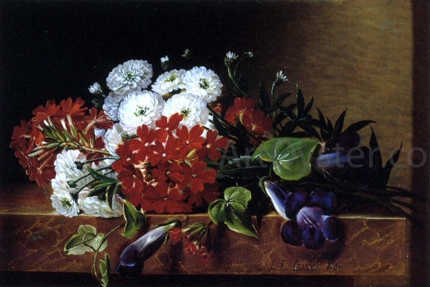 Johan Laurentz Jensen Iris, Dahlia, Pelargonium and Ivy Leaves on a Brown Marble Ledge - Hand Painted Oil Painting