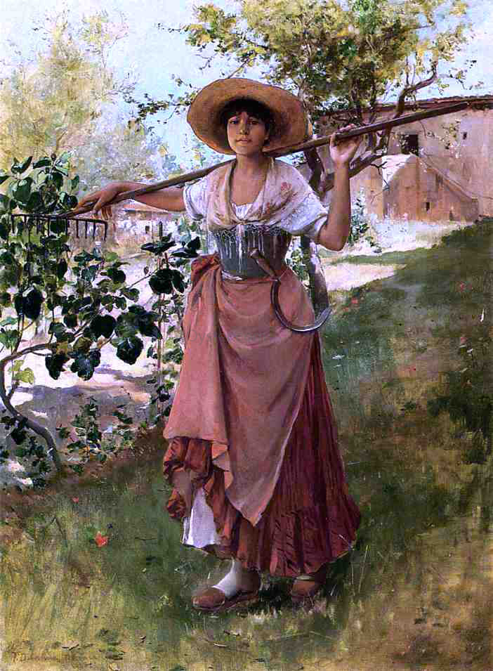 Frank Duveneck Italian Girl with Rake - Hand Painted Oil Painting