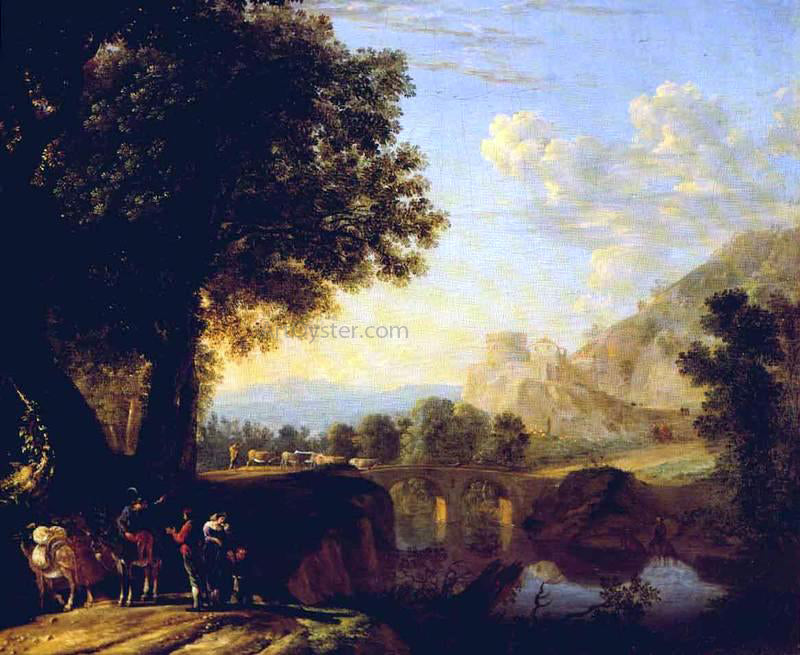 Herman Van Swanevelt Italian Landscape with Bridge and Castle - Hand Painted Oil Painting