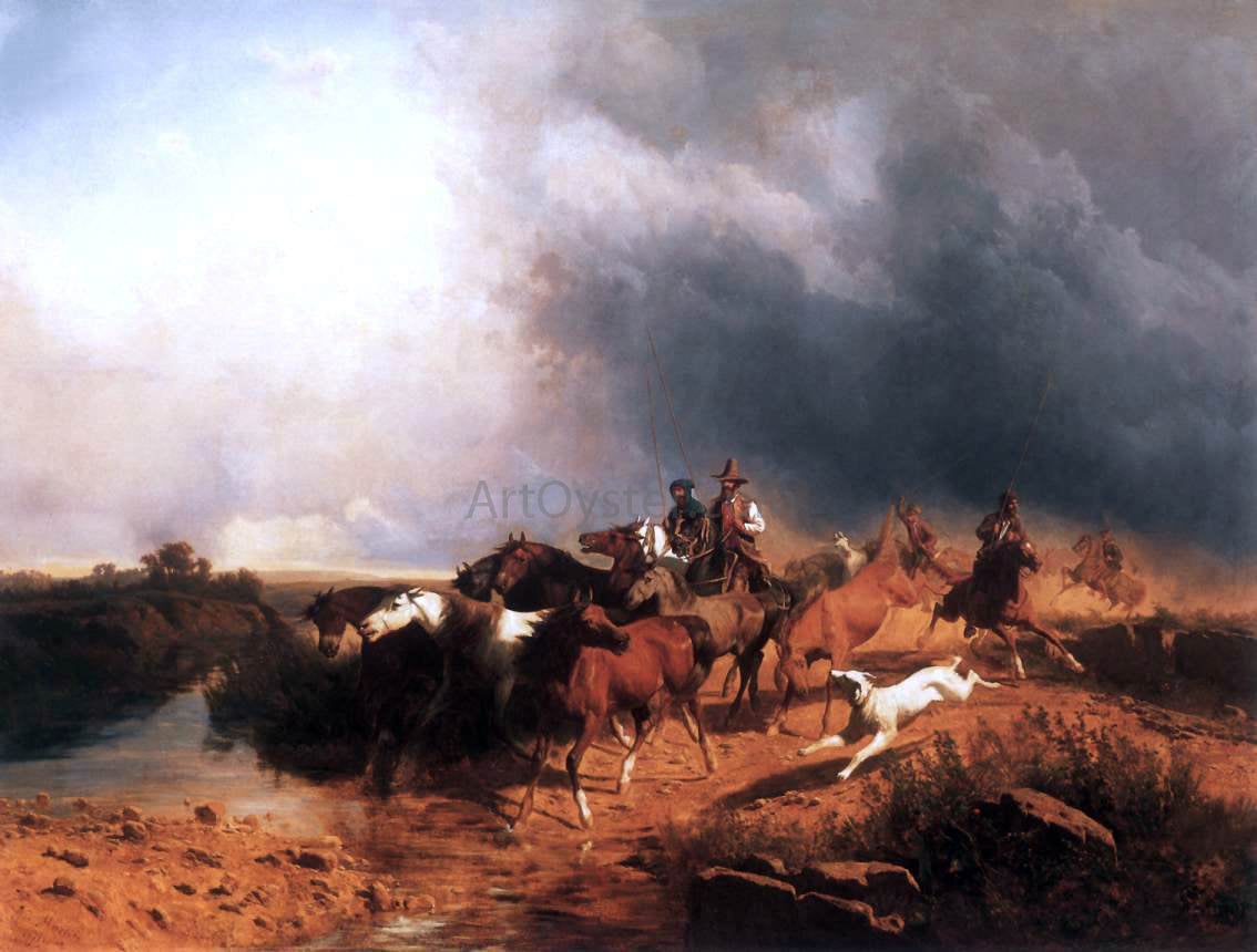 Andres Marko Italian Landscape with Galoping Horses - Hand Painted Oil Painting