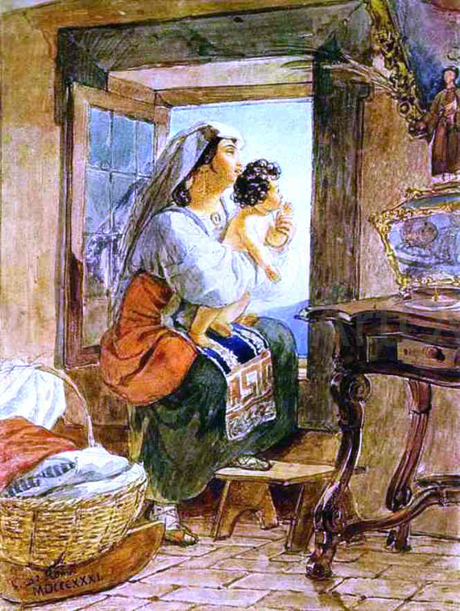 Karl Pavlovich Brulloff Italian Woman with a Child by a Window - Hand Painted Oil Painting