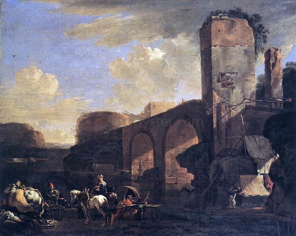 Jan Asselyn Italianate Landscape with a River and an Arched Bridge - Hand Painted Oil Painting