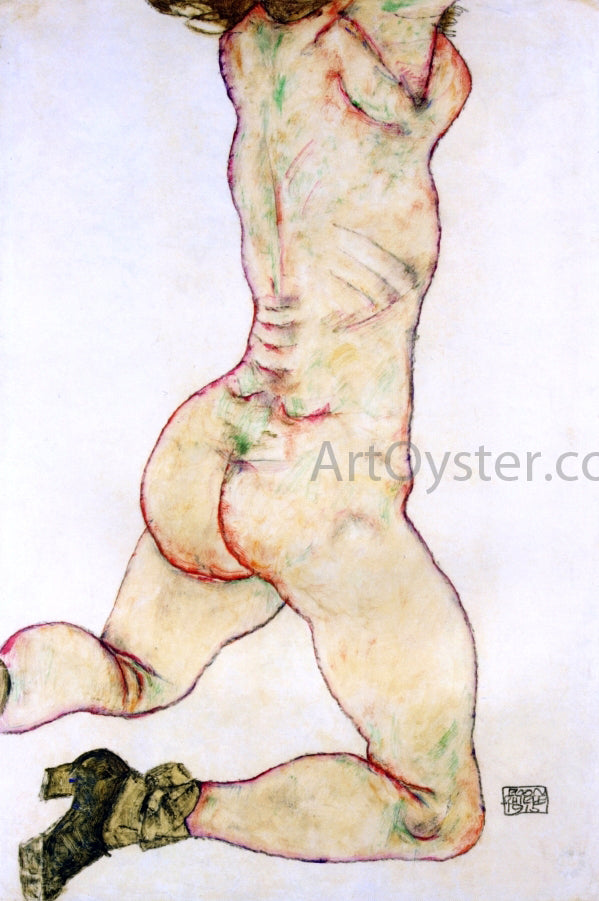 Egon Schiele Kneeling Female Nude, Back View - Hand Painted Oil Painting