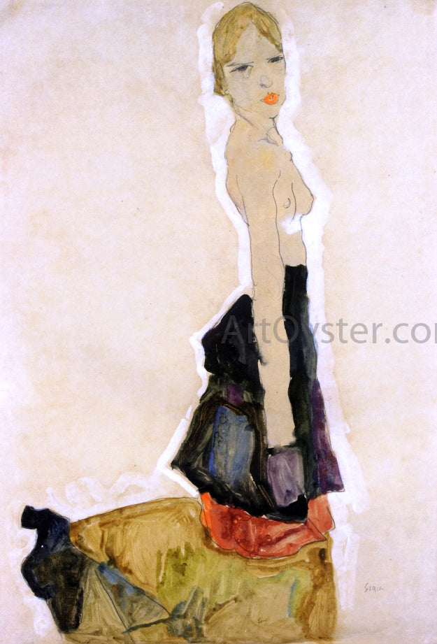 Egon Schiele Kneeling Semi-Nude - Hand Painted Oil Painting