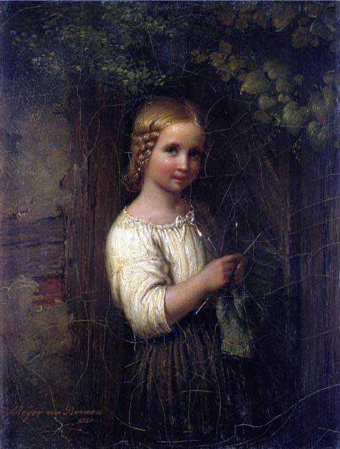 Johann Georg Meyer Von Bremen Knitting Girl - Hand Painted Oil Painting