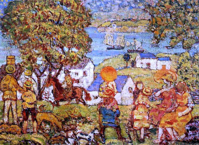 Maurice Prendergast Landscape: Figures, Cottages and Boats - Hand Painted Oil Painting