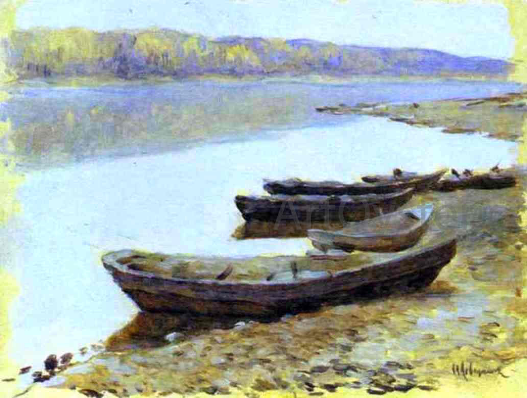 Isaac Ilich Levitan Landscape on the Volga, Boats by the Riverbank - Hand Painted Oil Painting
