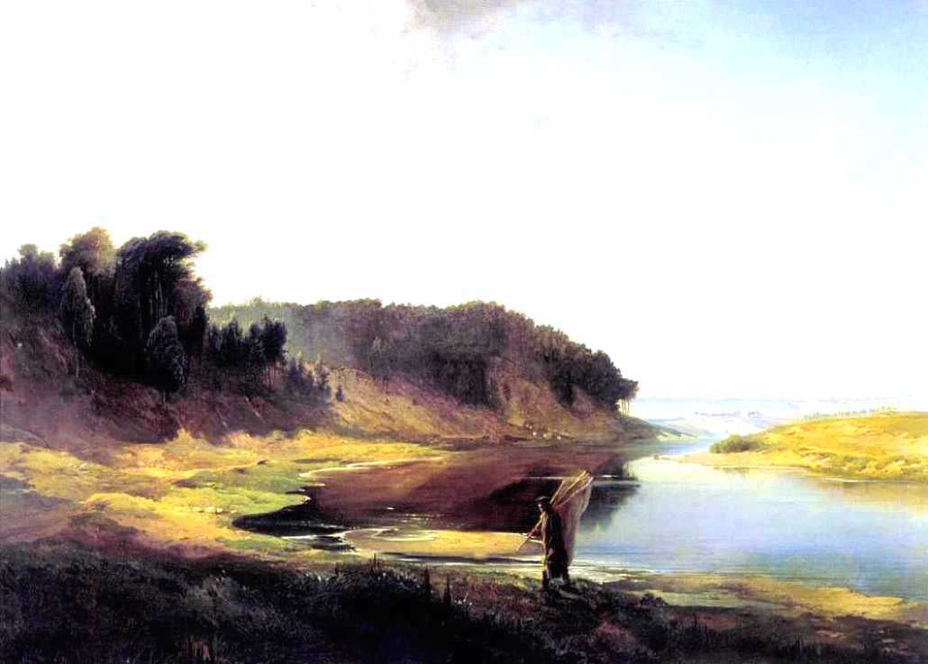 Alexei Kondratevich Savrasov Landscape with a River and an Angler - Hand Painted Oil Painting