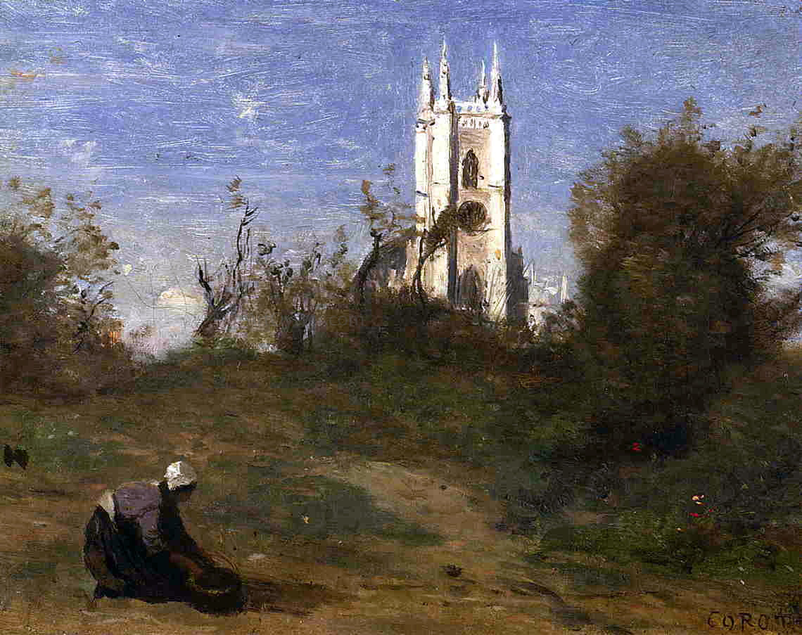Jean-Baptiste-Camille Corot Landscape with a White Tower, Souvenir of Crecy - Hand Painted Oil Painting