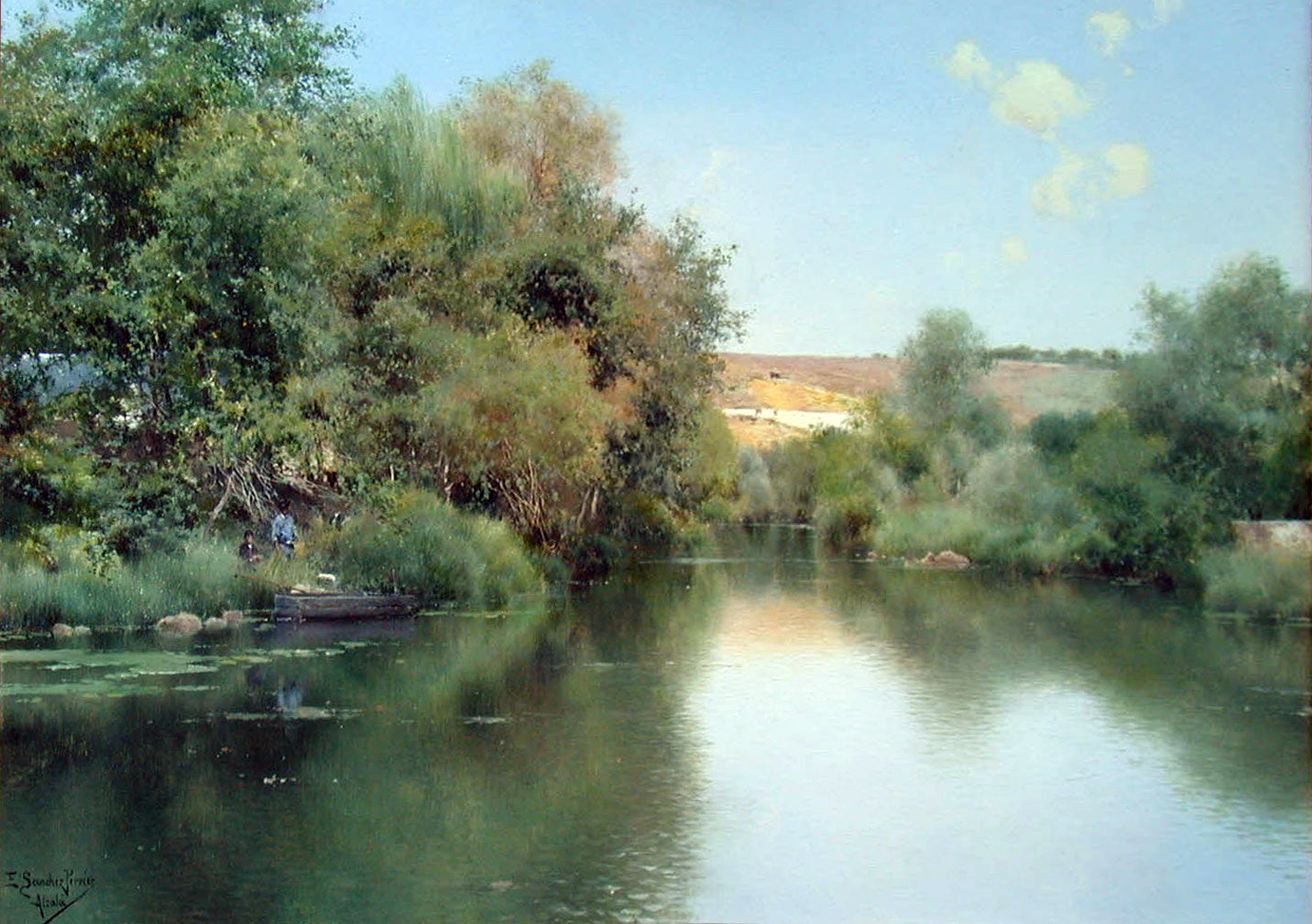 Emilio Sanchez-Perrier Landscape with Boat and Men - Hand Painted Oil Painting