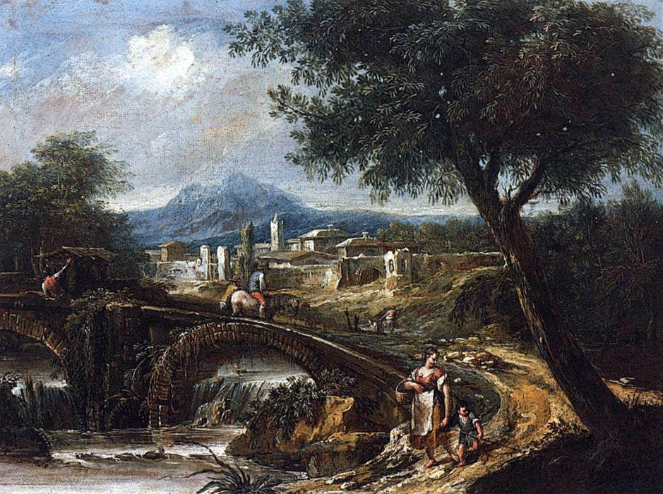 Antonio Diziani Landscape with Bridge - Hand Painted Oil Painting