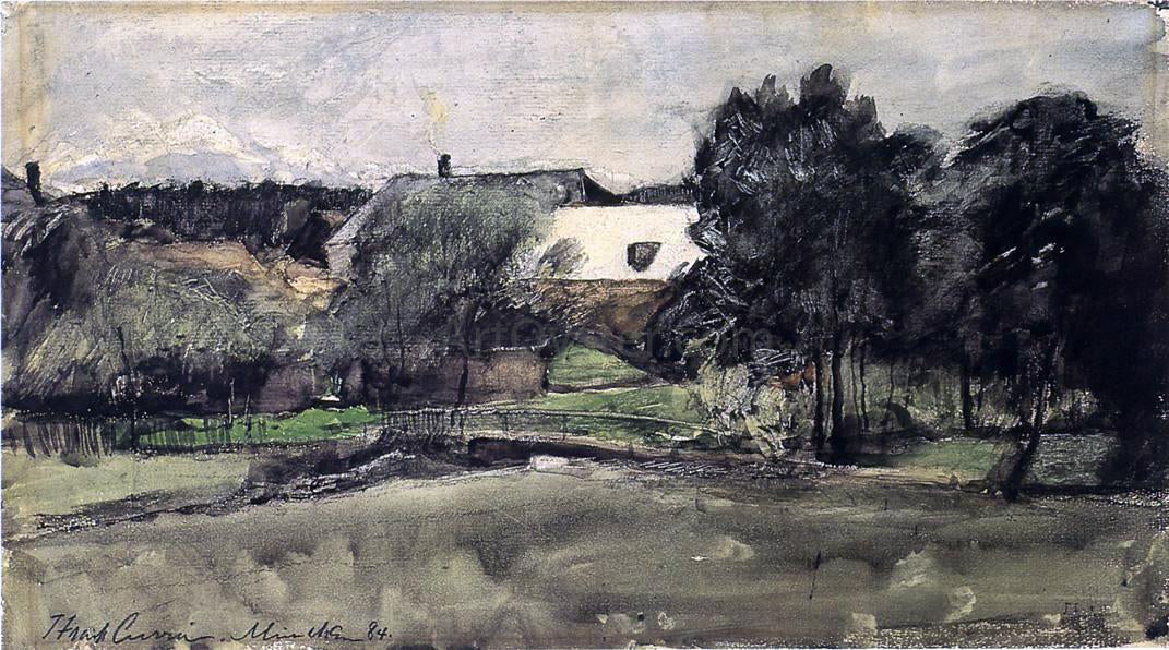 J Frank Currier Landscape with Bridge and Houses - Hand Painted Oil Painting