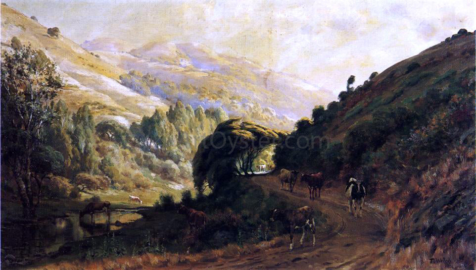 Thaddeus Welch Landscape with Cows - Hand Painted Oil Painting