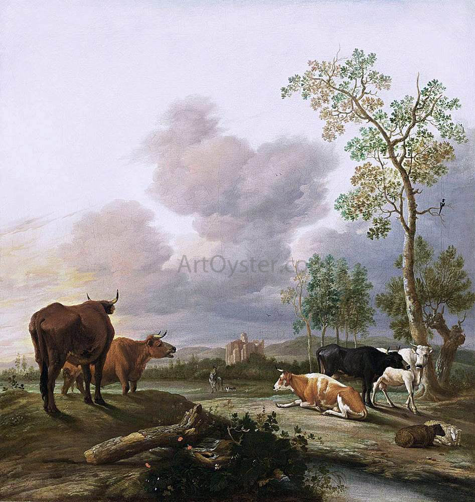 Anthonie Van Borssum Landscape with Cows and Sheep - Hand Painted Oil Painting