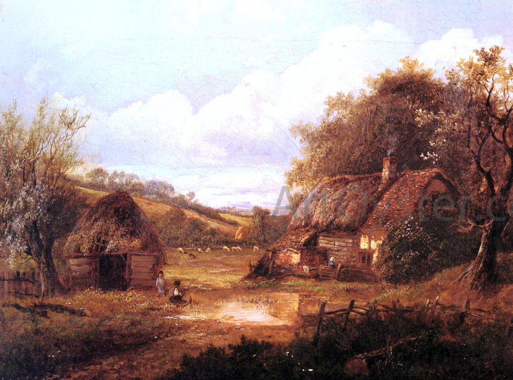 Joseph Thors Landscape with Figures Outside a Thatched Cottage - Hand Painted Oil Painting