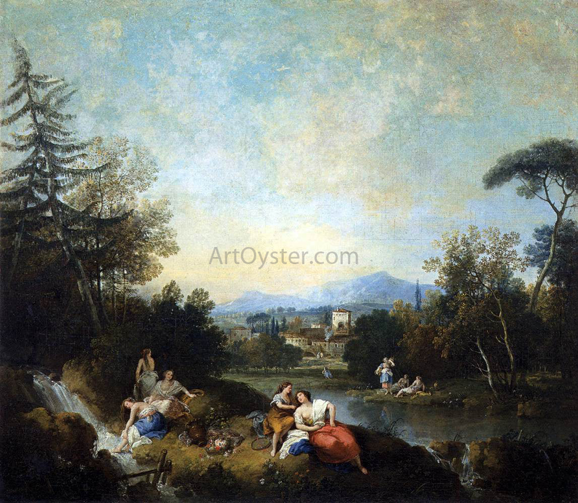 Francesco Zuccarelli Landscape with Girls at the River - Hand Painted Oil Painting