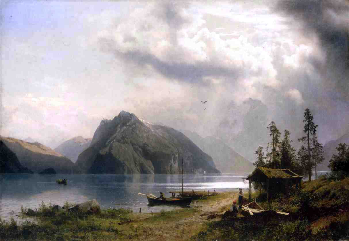 Herman Herzog Landscape with Lake and Mountains - Hand Painted Oil Painting