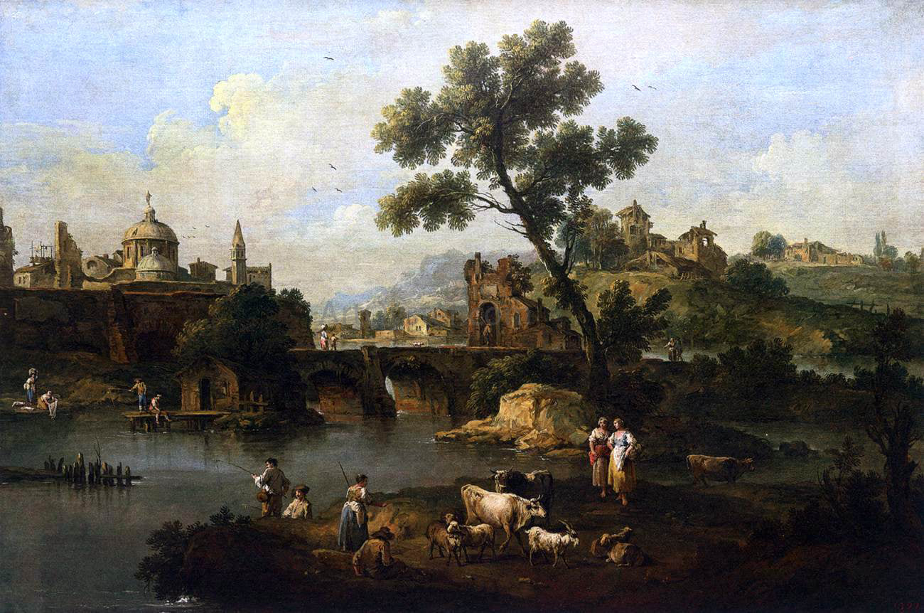 Giuseppe Zais Landscape with River and Bridge - Hand Painted Oil Painting