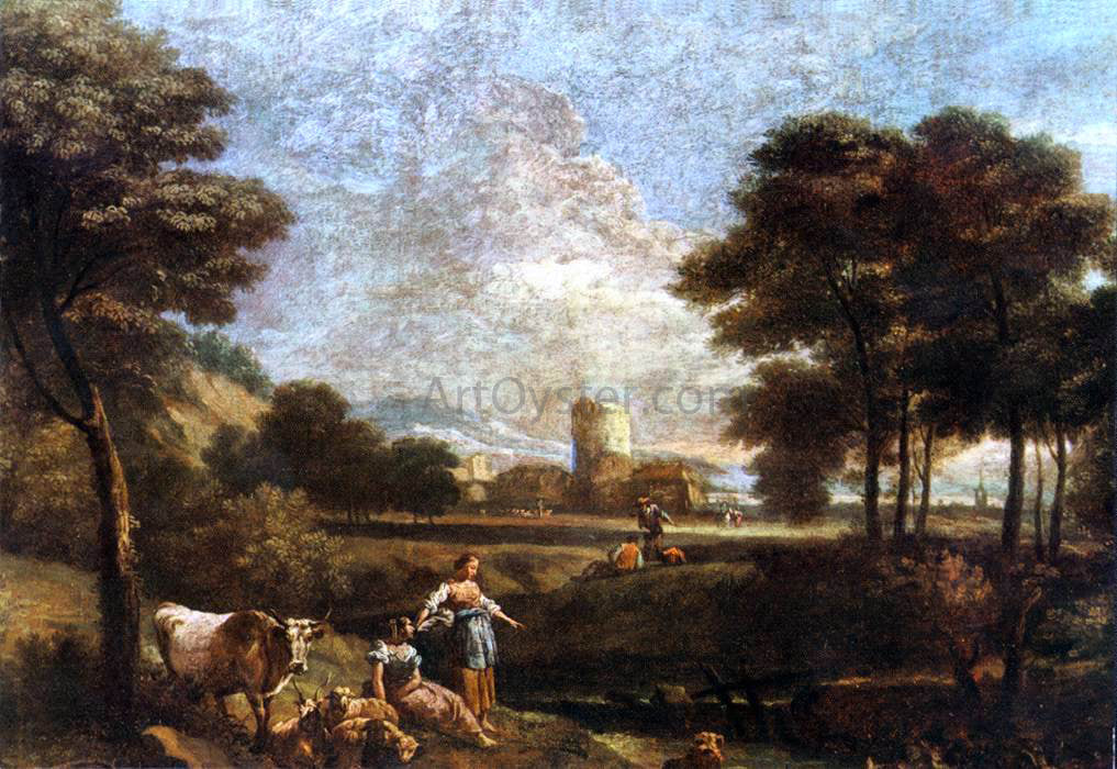  Giuseppe Zais Landscape with Shepherds and Fishermen - Hand Painted Oil Painting