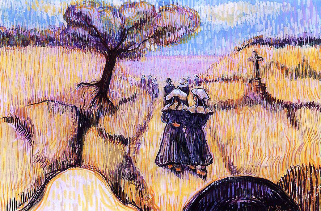 Charles Laval Landscape with Strolling Breton Women - Hand Painted Oil Painting