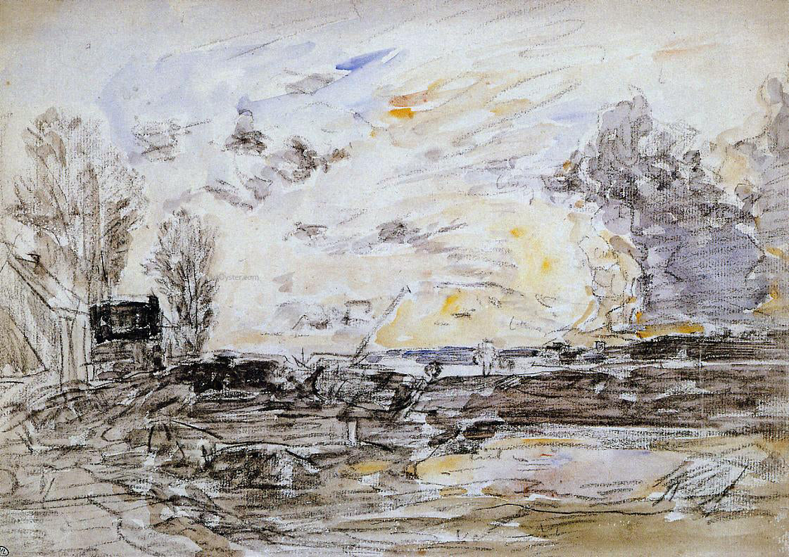 Eugene-Louis Boudin Landscape with Sunset - Hand Painted Oil Painting