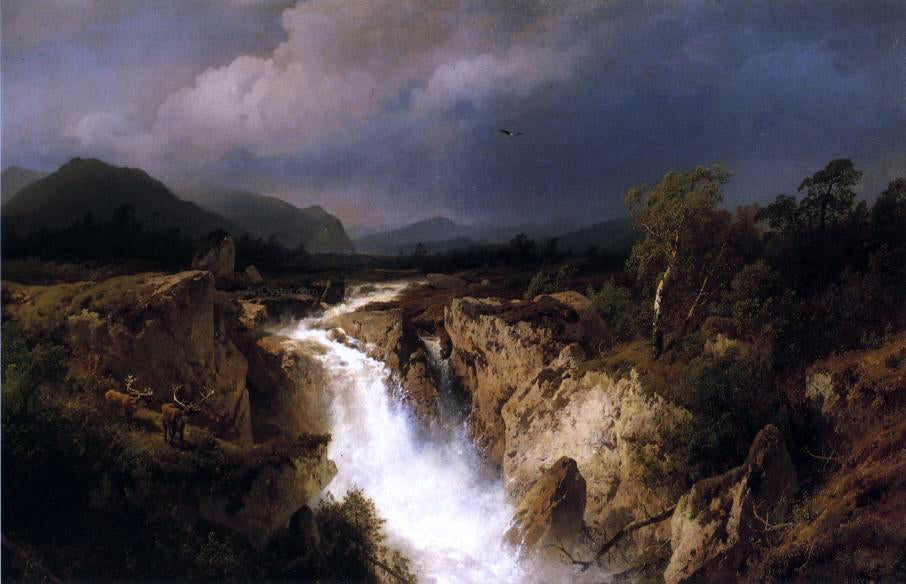 Herman Herzog Landscape with Waterfall - Hand Painted Oil Painting