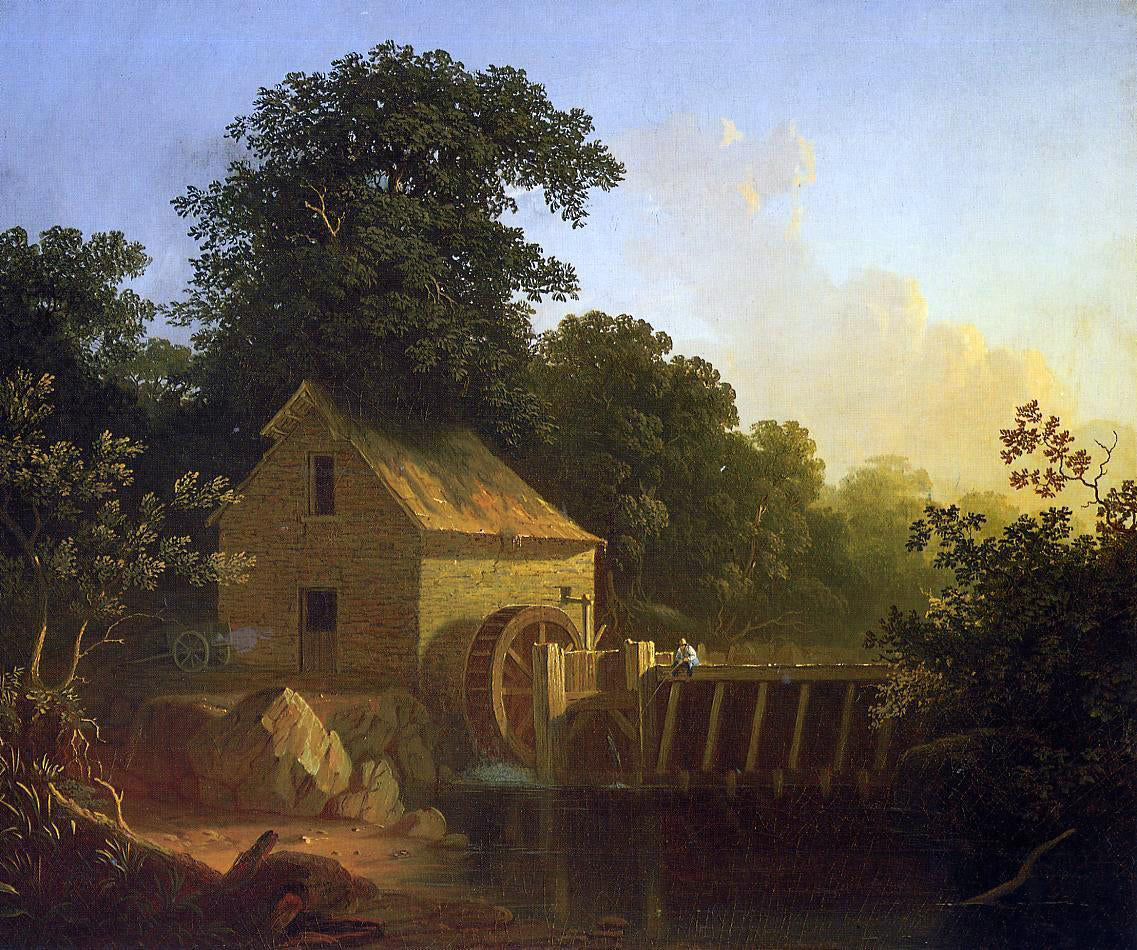 George Caleb Bingham Landscape with Waterwheel and Boy Fishing - Hand Painted Oil Painting