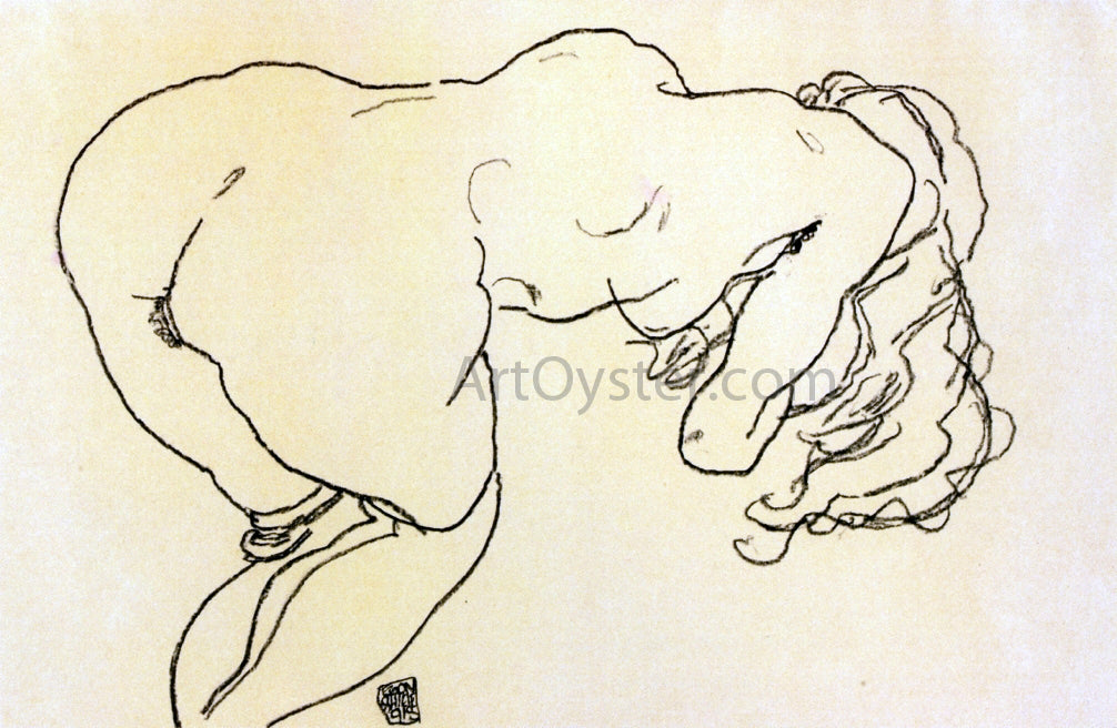 Egon Schiele Langhaariger Akt, vornubergebeugt, Ruckenansicht - Hand Painted Oil Painting